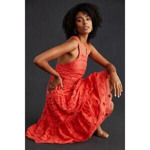 New Anthropologie Maeve Eyelet Halter Midi Dress $260 SIZE 6 Red Boho